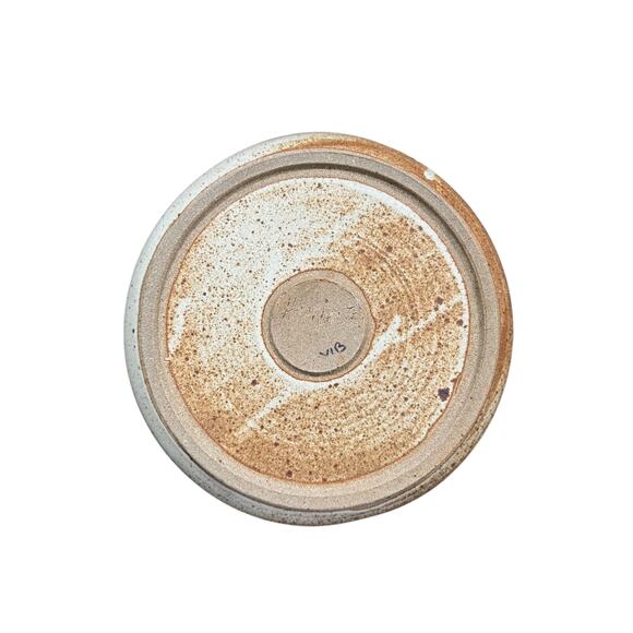 Vintage Handmade Signed Stoneware Chip & Dip Bowl Tan & Blue - Picture 3 of 3